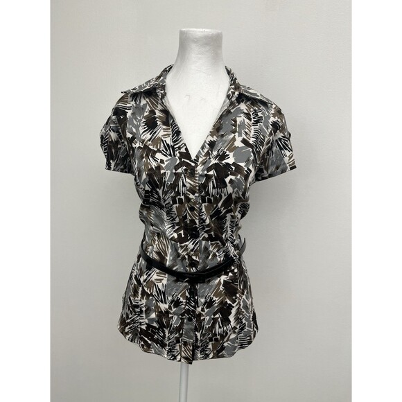 Apt.9 Women’s Blouse Cap Sleeve Collared Petite Large Button Down Belted Geo - Picture 1 of 11